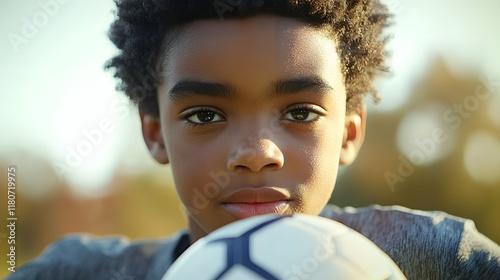 Closeup portrait of a determined and focused young boy dribbling a soccer ball on an outdoor grassy field showcasing his skills passion and athletic abilities in the sport