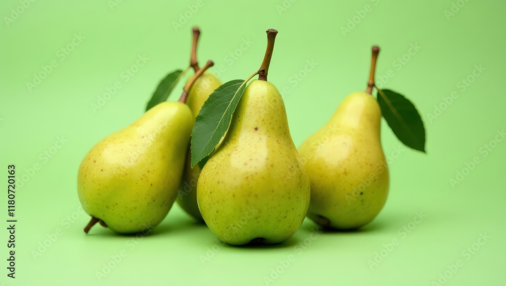 Four ripe pears with green leaves against a solid green background - freshness and naturalness - suitable for food blogs, healthy living campaigns and nutritional content Four ripe pears with green leaves against a solid green background - freshness and naturalness - suitable for food blogs, healthy living campaigns and nutritional content