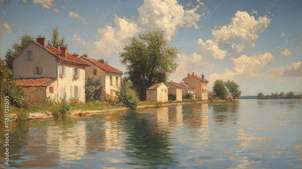 Riverfront houses, tranquil water, sunny sky. Riverfront houses, tranquil water, sunny sky.