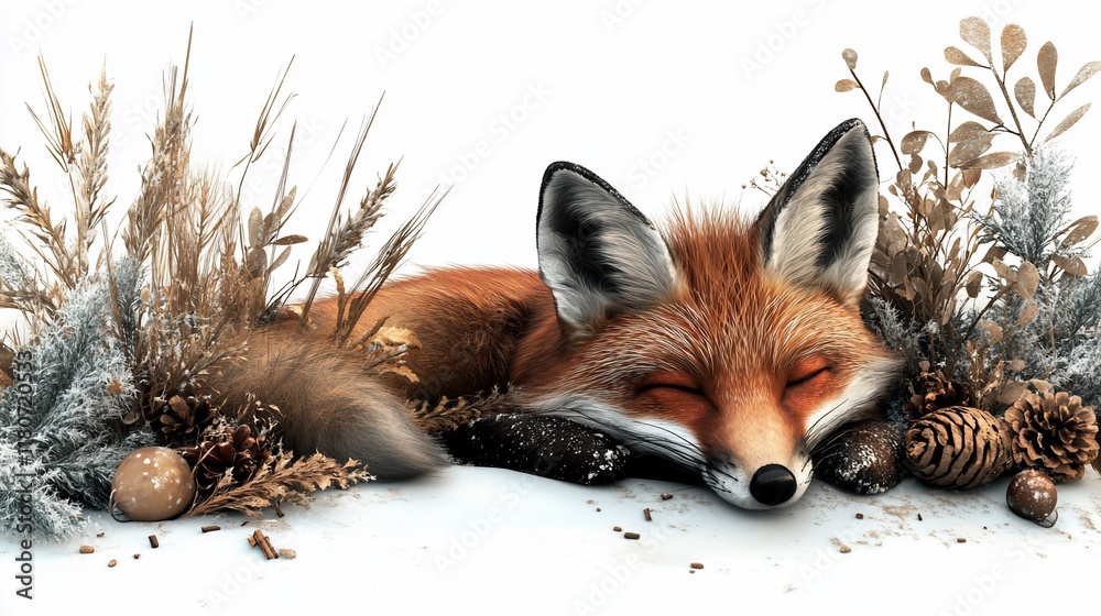 Obraz premium Sleeping red fox nestled amongst winter foliage and pine cones on white background.