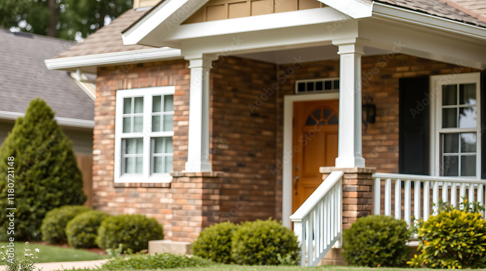 Fototapeta premium Brick house with white porch and columns. Landscaping includes green shrubs. The house features a wood front door and multiple windows. A portion of a neighboring house's roof is visible.