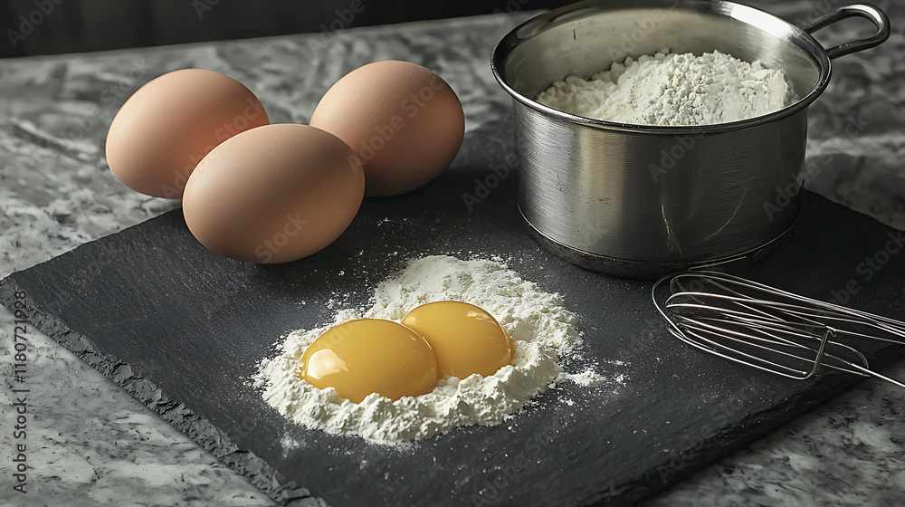 Fresh Eggs Flour and Yolks Ready for Baking Culinary Still Life Photography Fresh Eggs Flour and Yolks Ready for Baking Culinary Still Life Photography