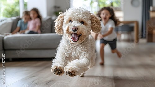 Adorable poodle dog running and playing excitedly as happy children chase after it in a cozy and lively living room setting  The energetic
