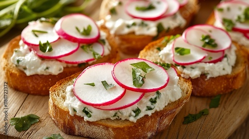 Close-up of five radish and cream cheese crostini on a wooden board. photo