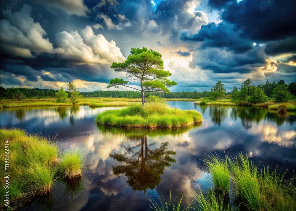 Obraz premium Mysterious Swamp Forest Island Portrait Photography: Peaceful Water, Young Tree, Green Herbs, Heavy Clouds