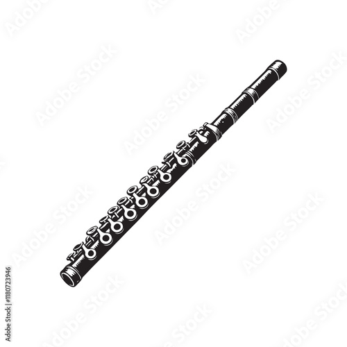 Flute Silhouette Vector Illustration, Solid White Background.