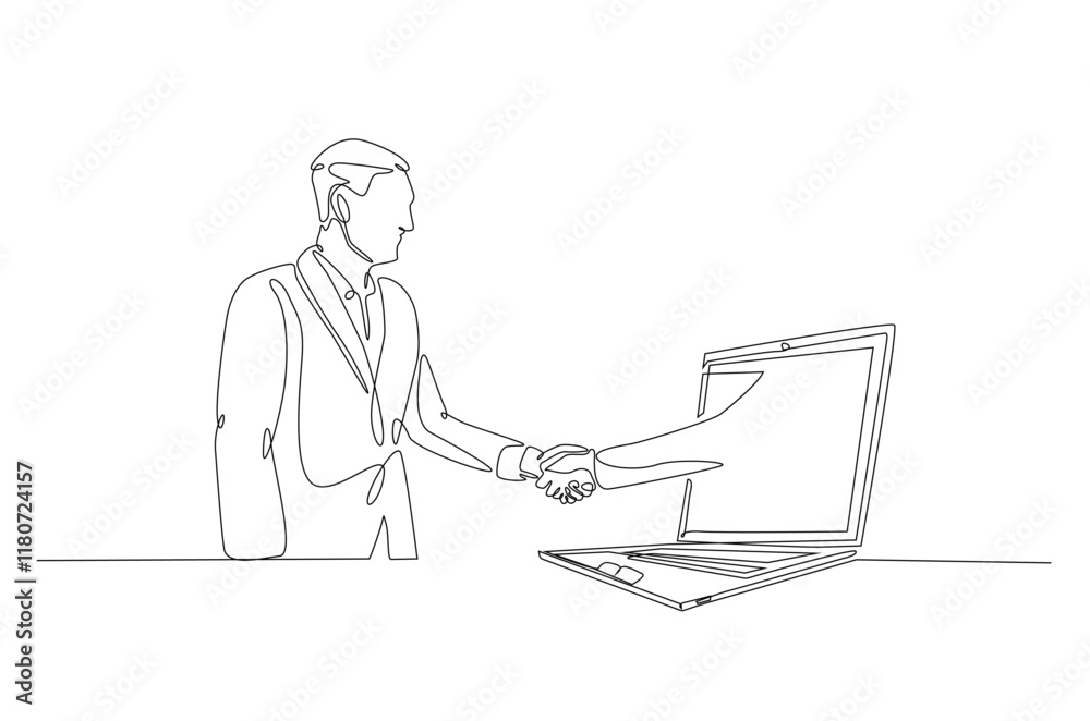 Businessmen handshaking with notebook in continuous one line drawing. Simple line art illustration of online business agreement concept. Editable vector. Businessmen handshaking with notebook in continuous one line drawing. Simple line art illustration of online business agreement concept. Editable vector.