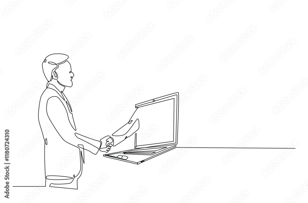 Businessmen handshaking with notebook in continuous one line drawing. Simple line art illustration of online business agreement concept. Editable vector. Businessmen handshaking with notebook in continuous one line drawing. Simple line art illustration of online business agreement concept. Editable vector.