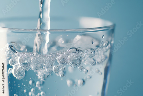 A close-up of a glass of water being filled with clear bubbles forming as the water pours in photo