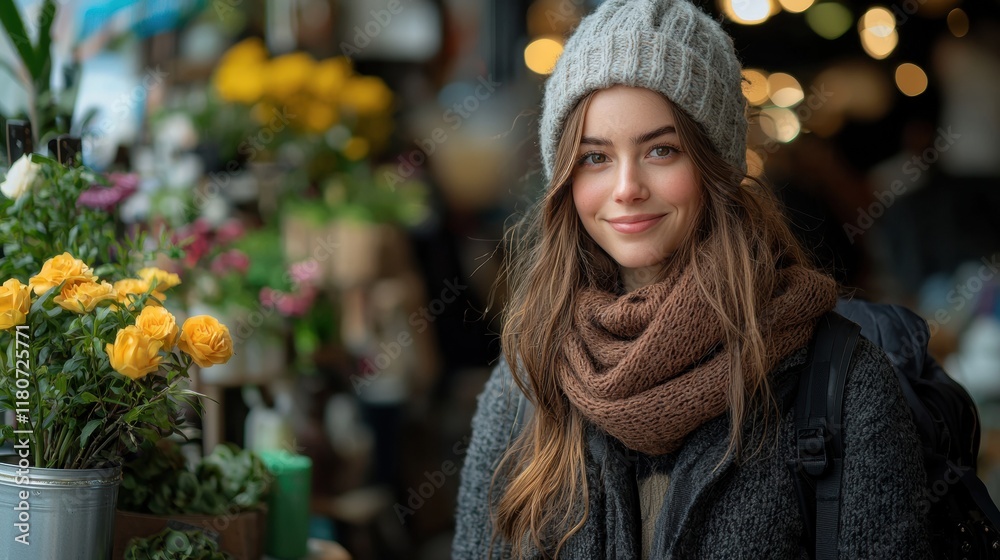 Young Woman Smiling in Cozy Knit Hat Surrounded by Flowers Young Woman Smiling in Cozy Knit Hat Surrounded by Flowers