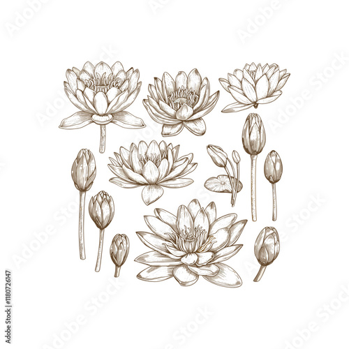 waterlily flower hand drawn design vector template illustration