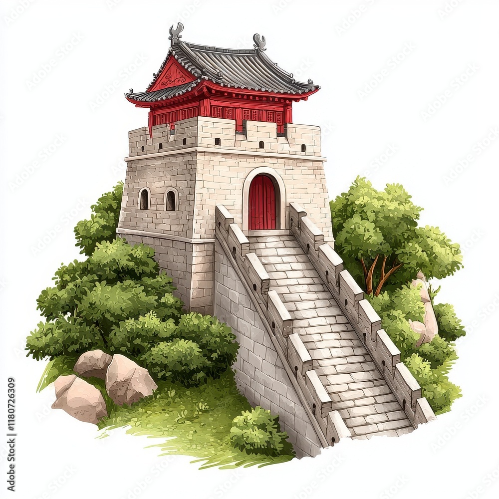 Fototapeta premium Traditional Asian Tower Surrounded by Lush Greenery and Rocks