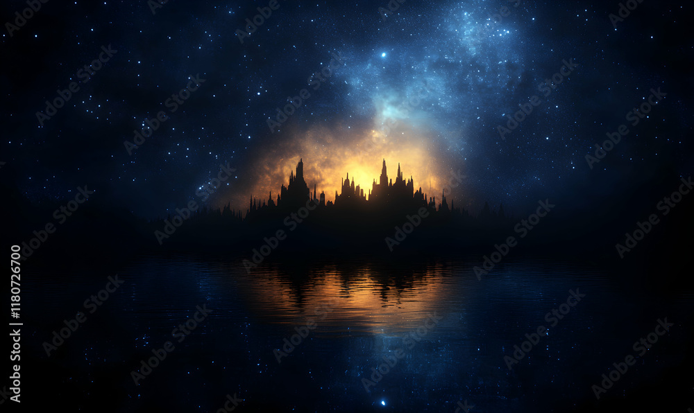 Fototapeta premium Mystical silhouette of a city at night, reflected in a calm lake under a breathtaking starry sky, evoking fantasy and wonder.