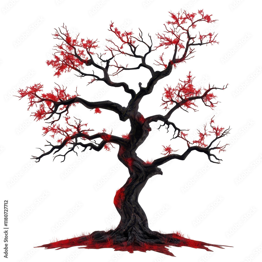 Fototapeta premium Vibrant red tree with intricate branches transparent background