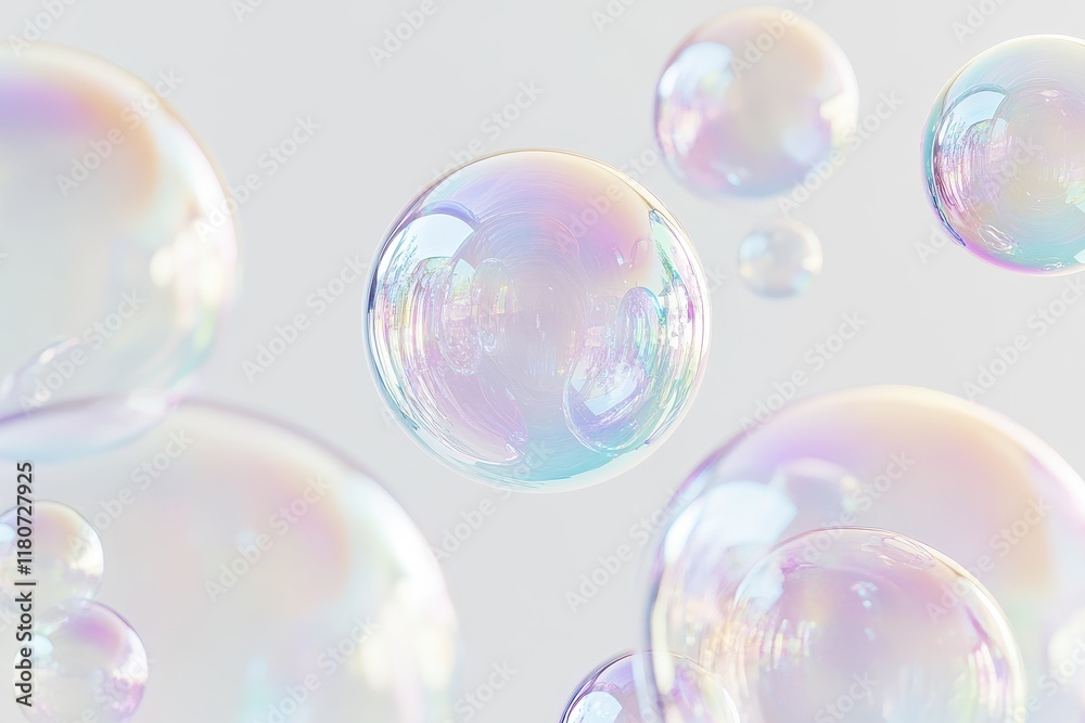A set of iridescent soap bubbles floating against a white background A set of iridescent soap bubbles floating against a white background