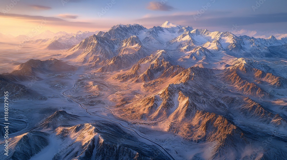 Sunrise over snowy mountain range, aerial view Sunrise over snowy mountain range, aerial view