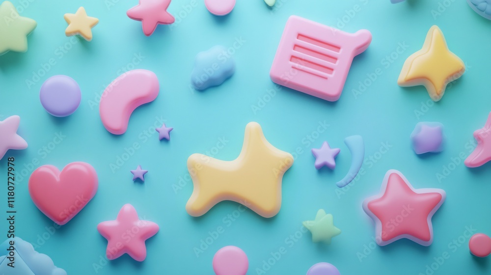 Pastel-colored 3D shapes and stars on a blue background. Pastel-colored 3D shapes and stars on a blue background.