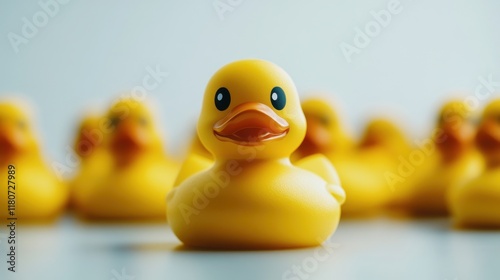 A yellow rubber duck is the center of attention in a group of other ducks