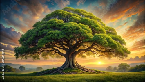 Majestic ancient tree at sunset, serene landscape, vibrant foliage, peaceful nature scene, sprawling branches, tranquil environment, golden hour light