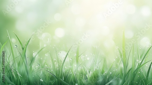 A field of green grass with dew drops on it