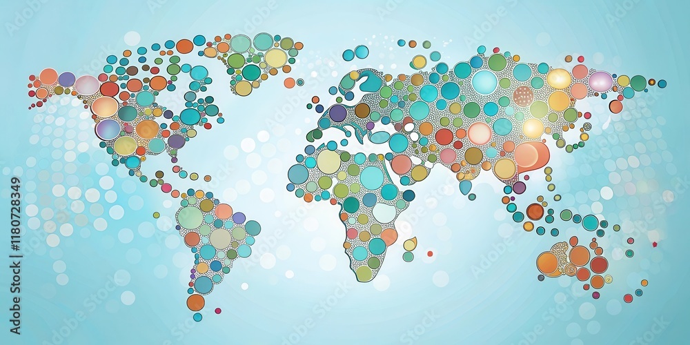 Fototapeta premium Colorful World Map Composed of Interconnected Circles Depicting Global Unity and Interdependence