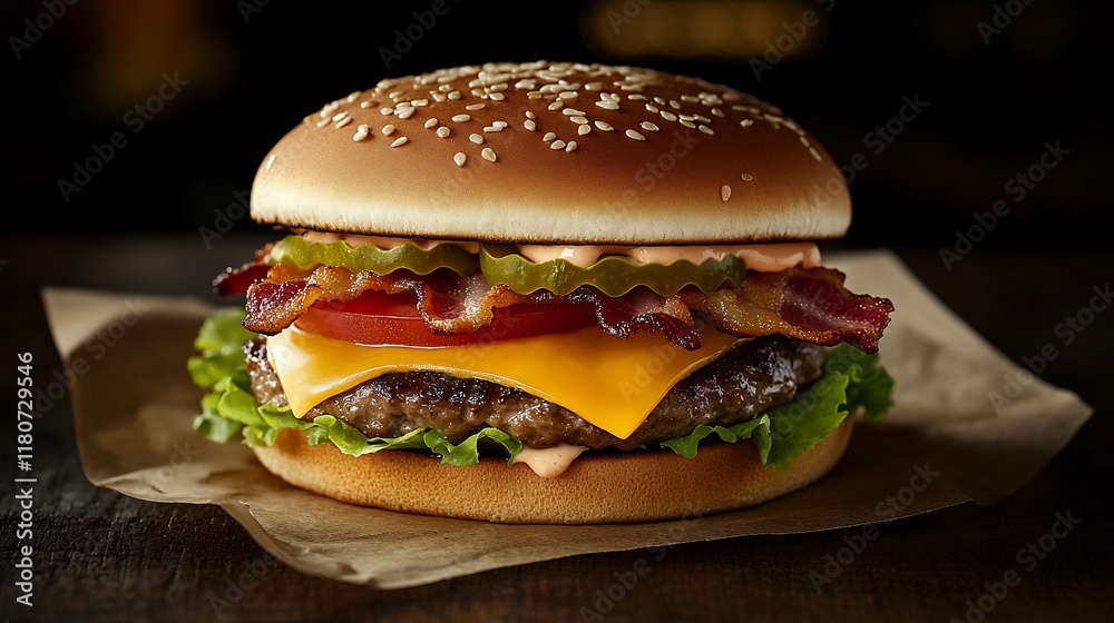 Juicy bacon cheeseburger with lettuce, tomato, pickles, and sauce on a sesame seed bun. Juicy bacon cheeseburger with lettuce, tomato, pickles, and sauce on a sesame seed bun.