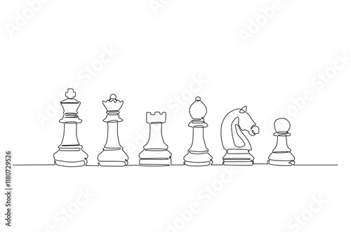 Chess pieces in continuous one line drawing. Single line art illustration of chess game. Editable vector.