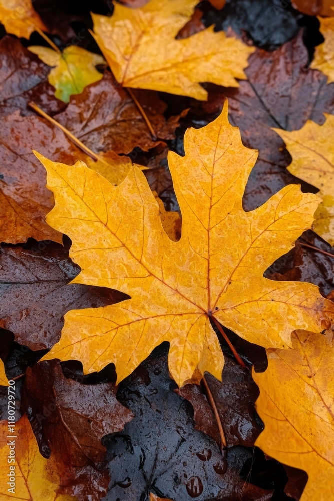 Autumn Maple Leaves on Wet Ground: A Colorful Fall Scene Autumn Maple Leaves on Wet Ground: A Colorful Fall Scene