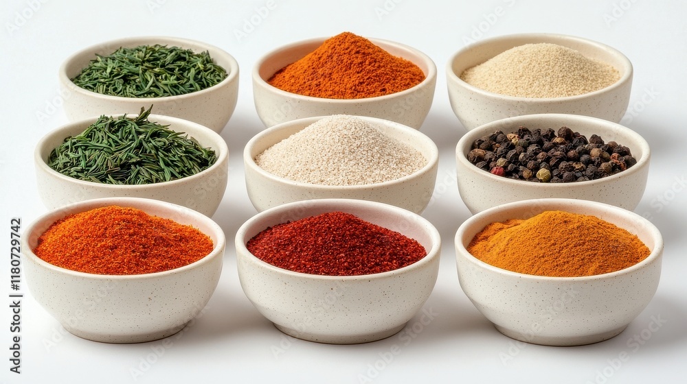 Colorful Array of Spices and Herbs in Bowls on White Background Colorful Array of Spices and Herbs in Bowls on White Background