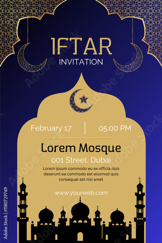 Blue gradient iftar party invitation template for islamic ramadan celebration with silhouette of mosque. Ramadan Design vector illustration poster, banner, flyer. Ramadan 2025.