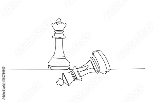 Queen and King of chess in continuous one line drawing. Single line art illustration of one chess checkmate concept. Editable vector.