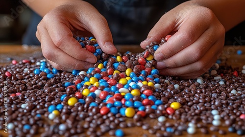 Close-Up Image of a Child's Hands Sorting Colorful Candy Balls on a Wooden Table, Capturing the Joy and Texture of a Fun Candy Experience
