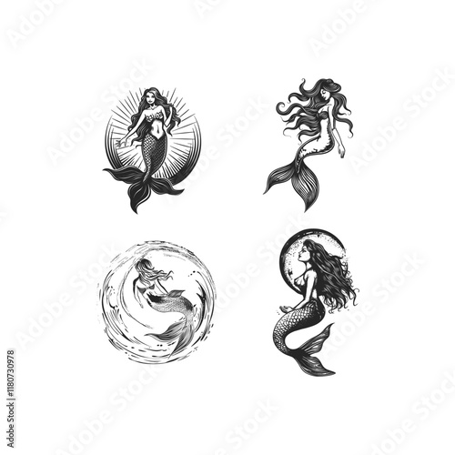 Mermaid hand drawn engraving design vector template illustration