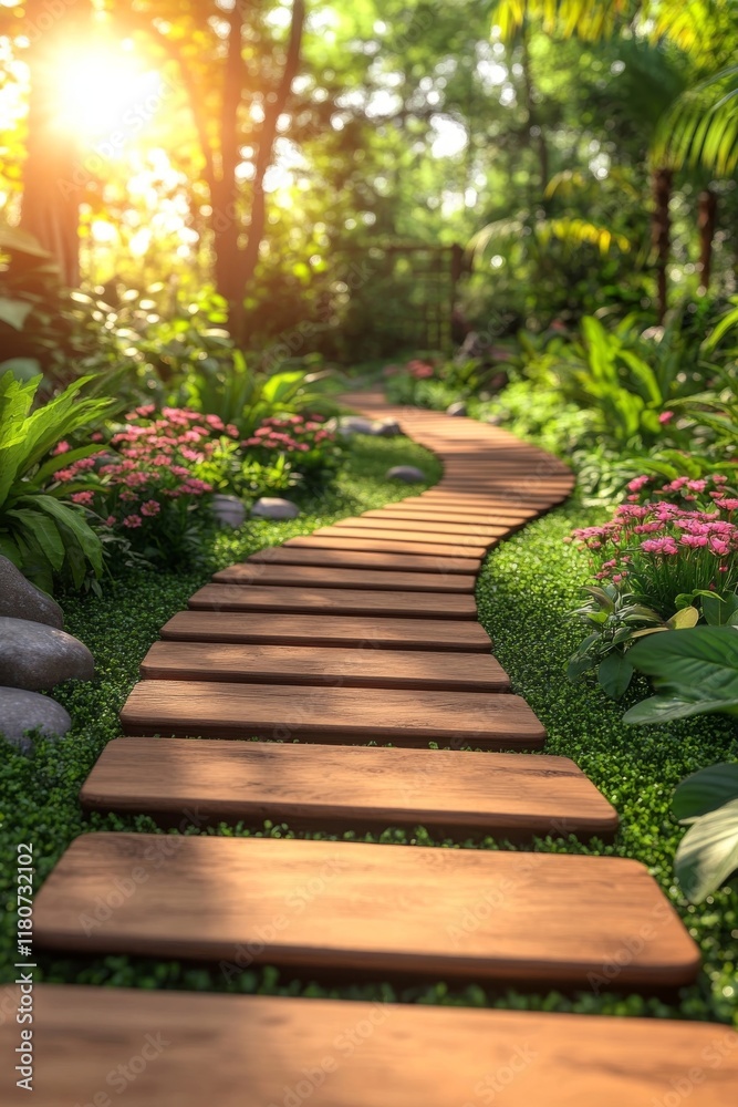 Serene Wooden Path Through Lush Tropical Garden Serene Wooden Path Through Lush Tropical Garden
