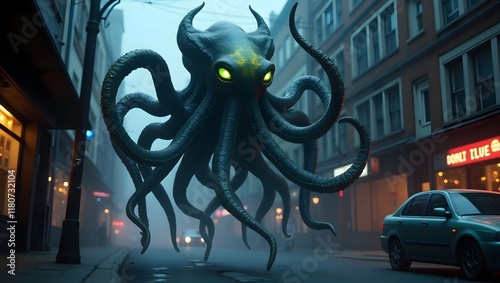 Gigantic Tentacled Monster Invades Urban Street With Glowing Eyes photo