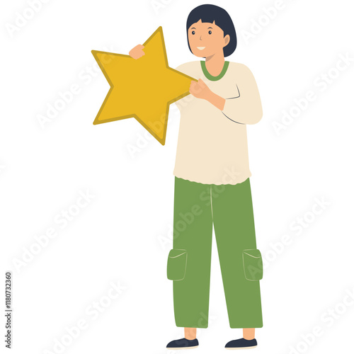 Young People Giving Star Illustration. Customer Feedback. Flat Vector Character.