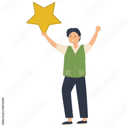 Young People Giving Star Illustration. Customer Feedback. Flat Vector Character.