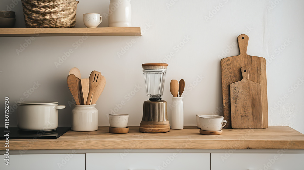 Modern Minimalist Kitchen Countertop with Cream Ceramic and Wooden Utensils Modern Minimalist Kitchen Countertop with Cream Ceramic and Wooden Utensils