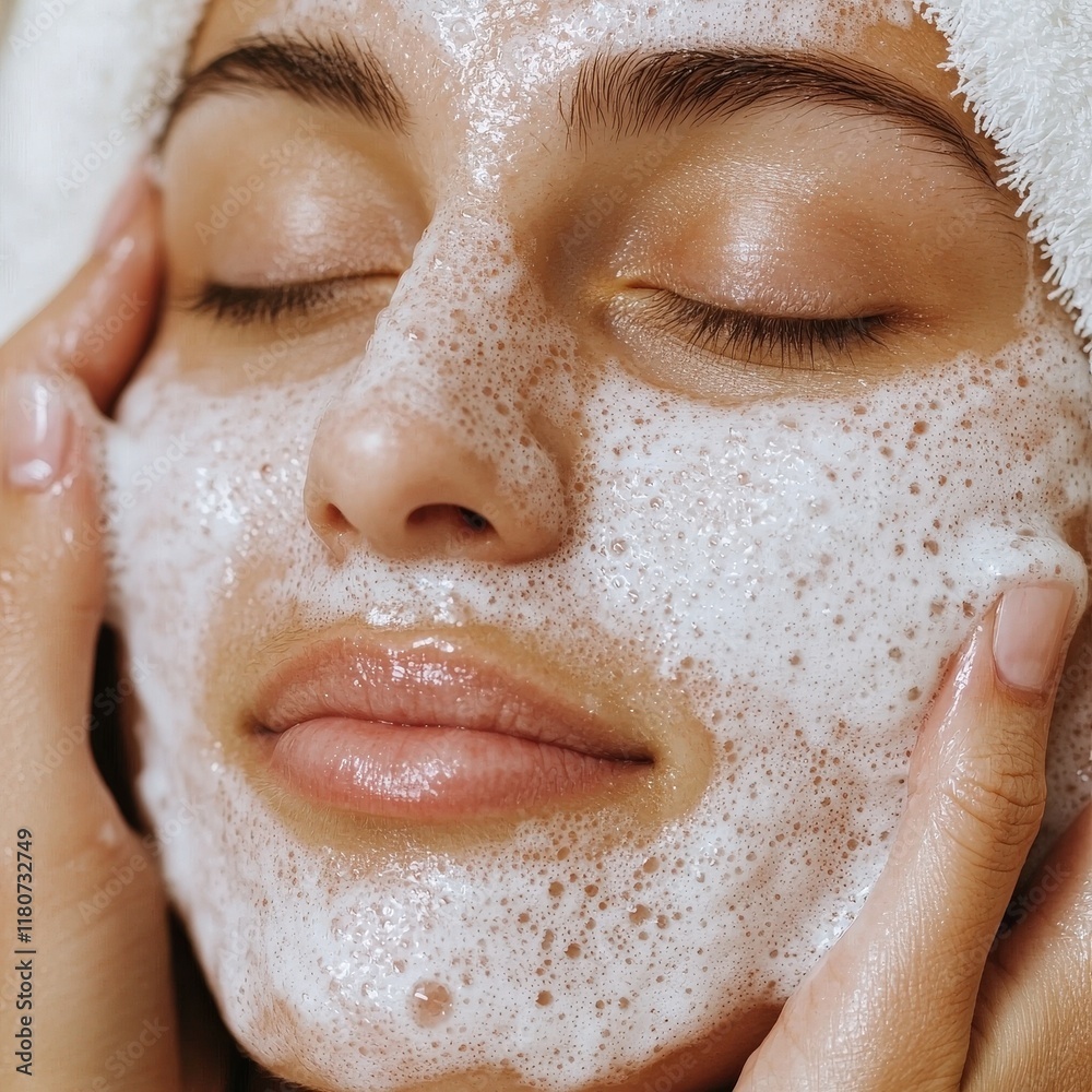 Naklejka premium A serene individual enjoys a facial treatment with a cleansing foam, promoting skincare and relaxation.