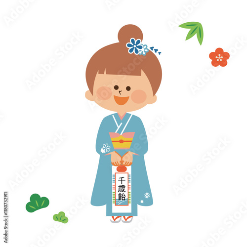 日本の七五三　日本の着物を着た7歳の女の子　かわいいイラスト