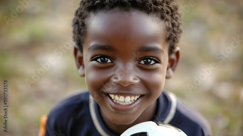 Close up portrait of a young African boy dribbling a soccer ball with a determined focused expression on his face  He is playing on a grassy field photo