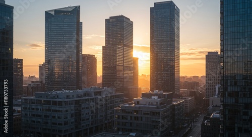 A modern city skyline at dawn, with the first light reflecting off glass skyscrapers