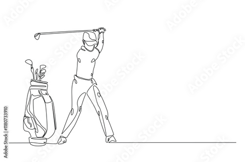 Golf sport continuous one line drawing. professional golfer and golf bag in single line art illustration. Editable vector.
