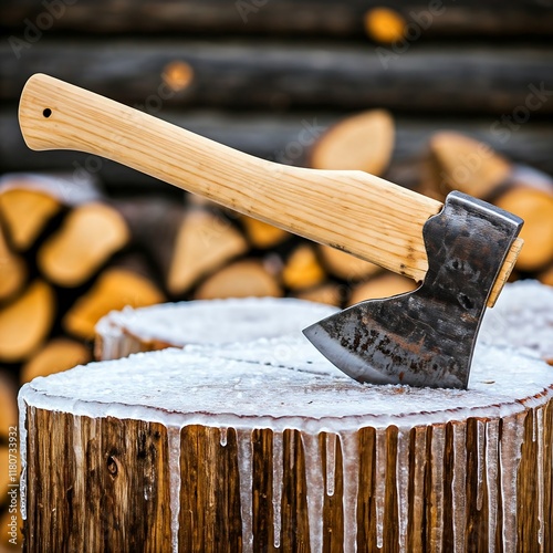 a rustic stack of firewood covered in icicles with an old axe resting nearby, photo