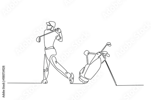 Golf sport continuous one line drawing. professional golfer and golf bag in single line art illustration. Editable vector.