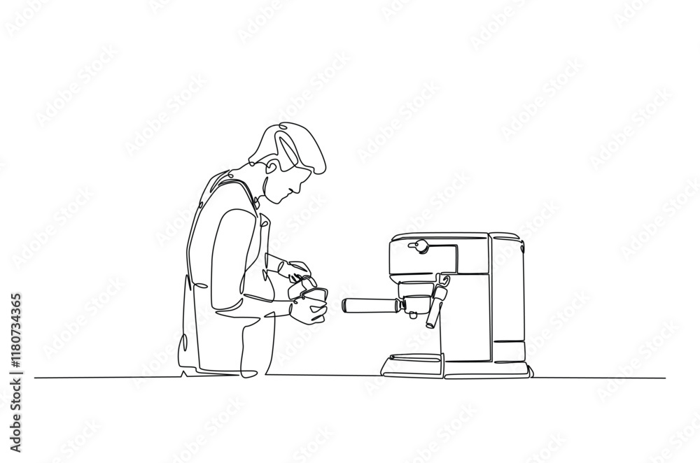 Barista and coffee machine continuous one line drawing. Barista preparing cofffee in single line art illustration. Editable vector. Barista and coffee machine continuous one line drawing. Barista preparing cofffee in single line art illustration. Editable vector.