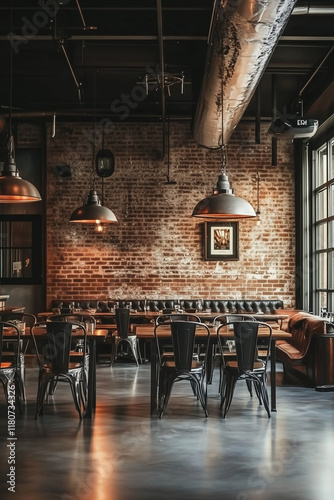 Interior design inspiration of Industrial Urban style restaurant dining room, decorated with black Metal pendant lighting and Exposed Brick Wall photo