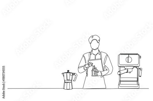 Barista and coffee machine continuous one line drawing. Barista preparing cofffee in single line art illustration. Editable vector.