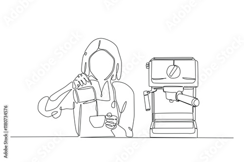 Barista and coffee machine continuous one line drawing. Barista preparing cofffee in single line art illustration. Editable vector.