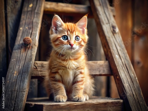 A charming red tabby kitten climbs a rustic wooden ladder, a purrfectly cute photo. photo